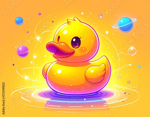 Cartoon yellow rubber duck with cosmic planets and light effects illustration