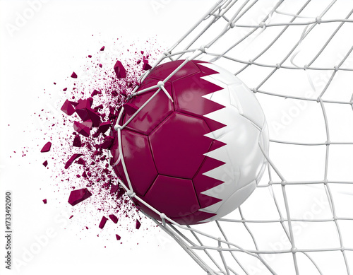 Soccer ball with Qatar flag breaking through net explosion
