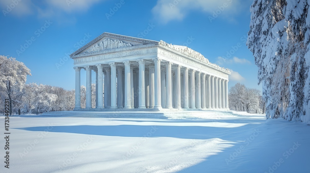 Fototapeta premium Winter Wonderland: Temple of the Winds in a Snowfall