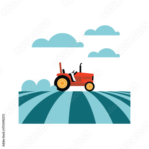 A cartoon vector illustration of an agricultural farm tractor with a trailer, a machine design for transportation and delivery