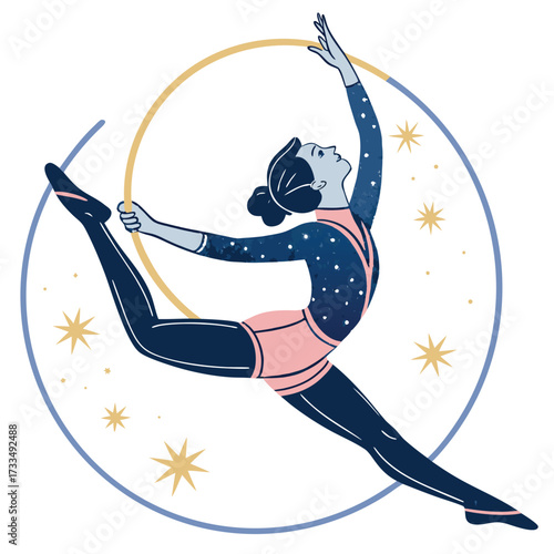 A graceful gymnast performs an aerial hoop routine with a starry background.