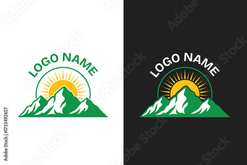 Mountain Sunrise Logo Design with Green Peaks and Sun Illustration
