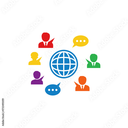 Colorful icons of people and speech bubbles surrounding a globe, representing global communication, teamwork, and social networking.