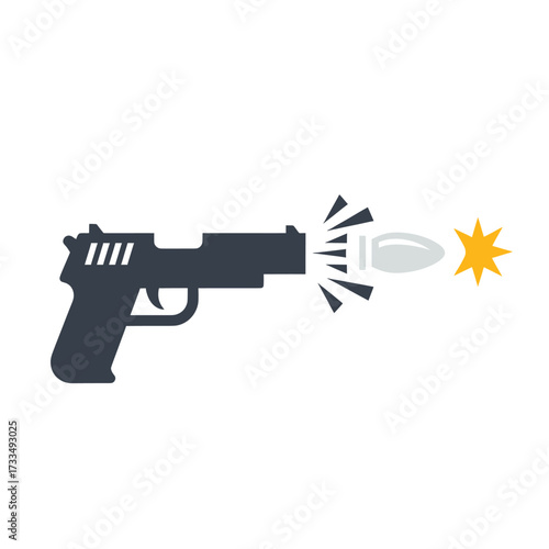 Illustration of a handgun firing a bullet with a starburst effect.