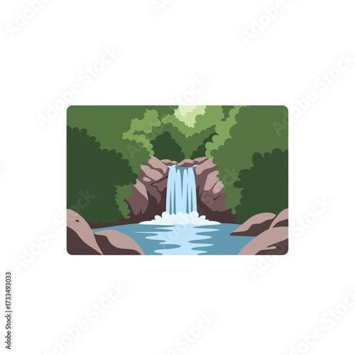 A serene waterfall cascades down rocks into a calm pool surrounded by lush green trees and foliage.