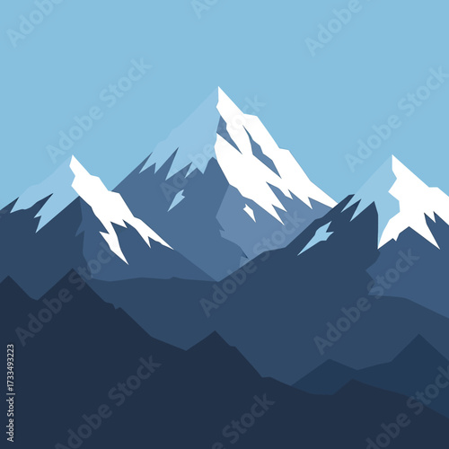 A minimalist flat design illustration of a majestic mountain range with snow-capped peaks under a clear blue sky, featuring varying shades of blue for the mountains.