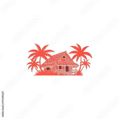 Red silhouette of a tropical beach hut with palm trees, evoking a vacation or island paradise on a white background.