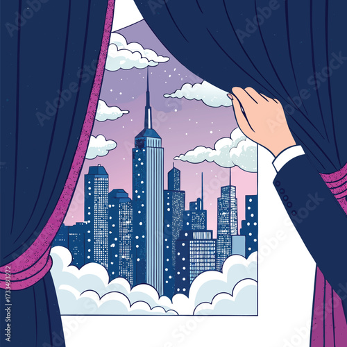 A hand pulls open a curtain to reveal a city skyline at dusk.