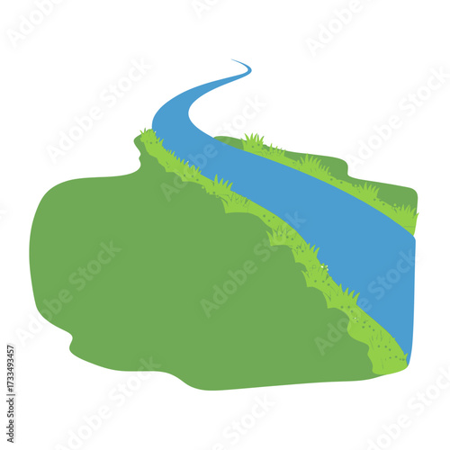 A stylized illustration of a winding blue river flowing along a lush green grassy bank on a white background.