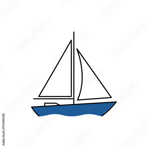 Simple line art illustration of a sailboat with white sails and a blue hull on water, depicting a classic nautical vessel.