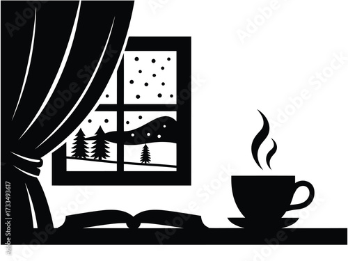 Cozy winter scene with steaming coffee, book, and snowy view from window perfect for holiday promotions and seasonal greetings, a peaceful retreat for relaxation