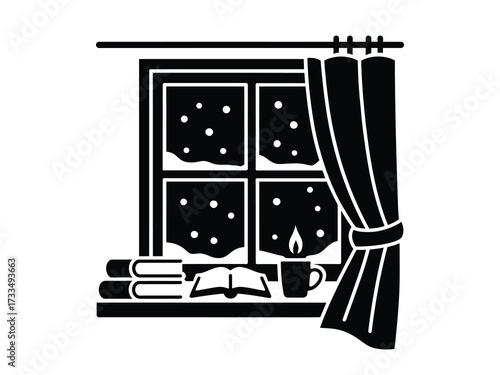 Cozy winter scene with snowy window view, open book, and warm candle light - perfect for creating a peaceful, relaxing atmosphere in your designs