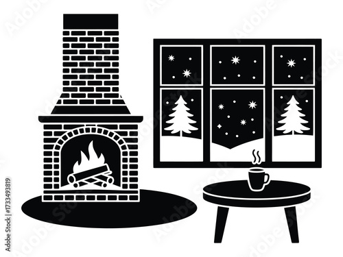 Cozy winter evening scene with a warm crackling fireplace, steaming mug on a table, and a snowy landscape viewed through a window