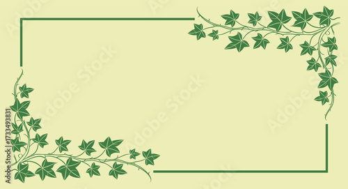 Green ivy leaf border frame on beige background with elegant corner decoration. Nature-inspired botanical design perfect for invitations, greeting cards, and decorative templates. Simple vintage 