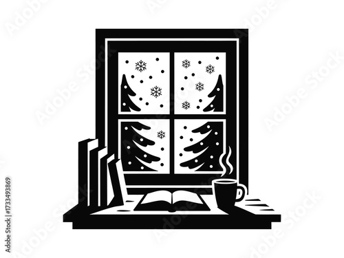Cozy winter scene with steaming mug, open book, and snow-covered trees visible through a window, perfect for festive holiday designs and warm ambiance