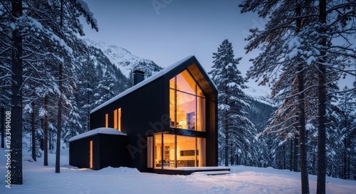 Modern dark house in snowy forest setting, evening light
