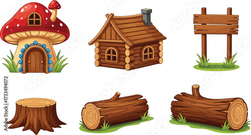 Cartoon forest elements, mushroom house, log cabin, tree stump, wooden signpost, nature objects, vector illustration, rustic theme, white background