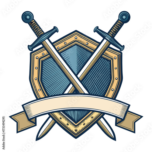 Vintage crest with crossed swords and banner. in detailed view.