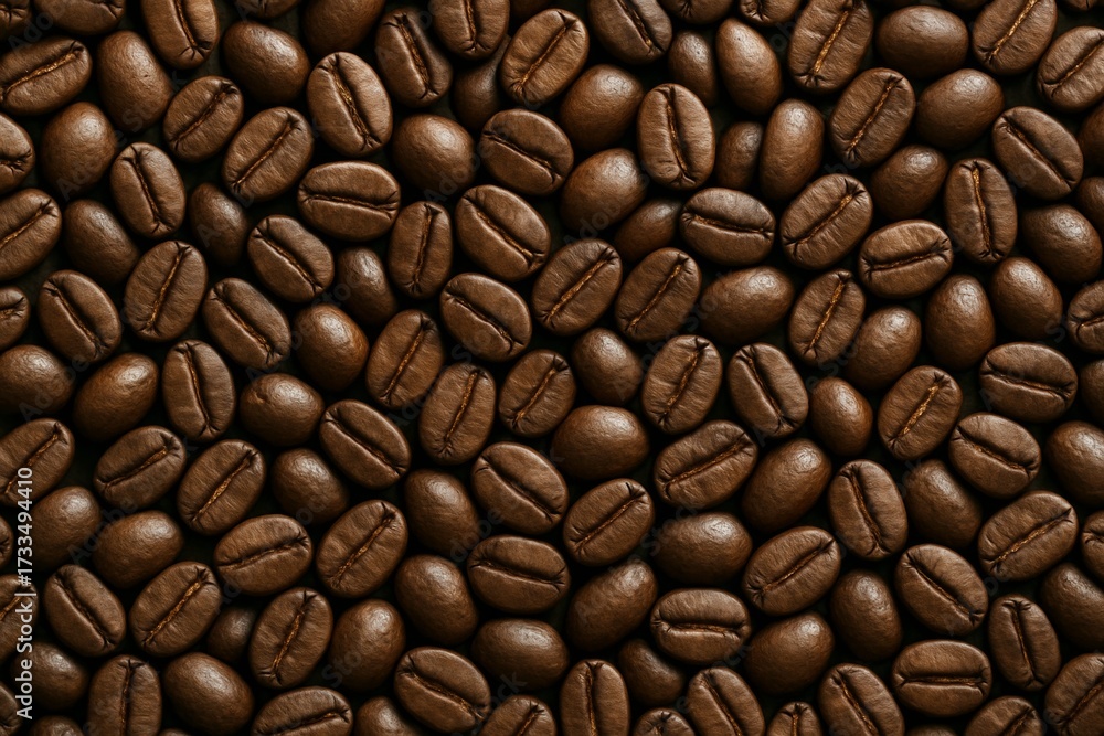 Fototapeta premium Close-up view of roasted coffee beans tightly packed together in a seamless pattern on dark background, realistic style, food texture concept. Ai generative