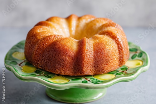 Bundt cake on green ceramic stand with hand painted pear design in soft morning light