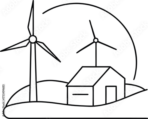 minimalist aerial sketch of arctic wind energy farm illustration on transparent background