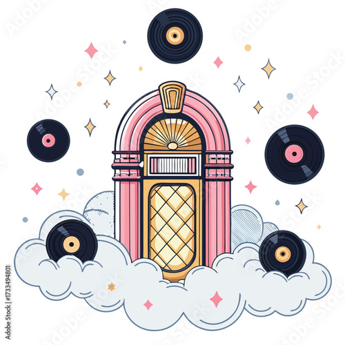 A retro jukebox floats among clouds with vinyl records and stars.