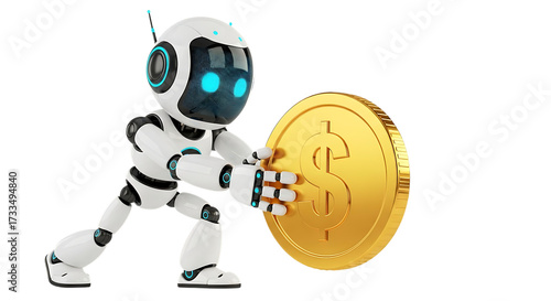 Robot pushing a big golden dollar coin isolated on transparent background, representing artificial intelligence in finance and investment