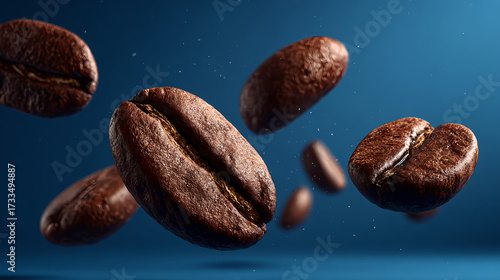 Floating Coffee Beans Are Perfectly Positioned Beautifully Against a Vibrant Blue Background