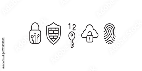 Print   Minimalist line art icons for cybersecurity essentials. Features an encrypted lock, firewall shield, two-factor authentication key, secure server cloud, and biometric fingerprint. 
