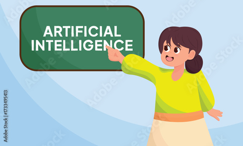 Background of female teacher character and blackboard, artificial intelligence. AI modern flat style color vector illustration.