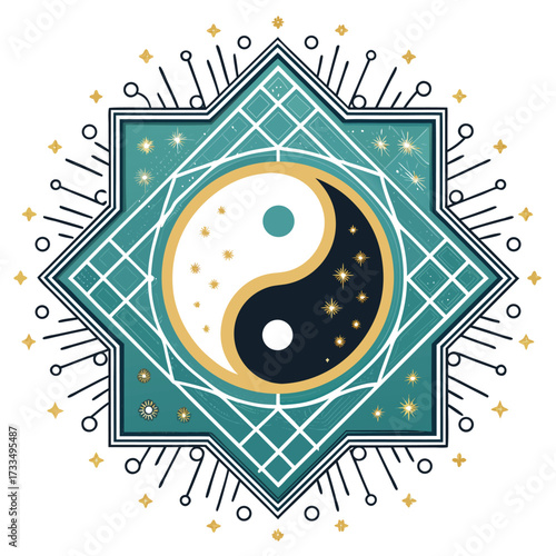 A stylized yin and yang symbol within an ornate star.