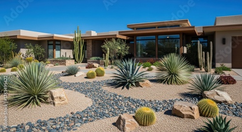 Modern house with xeriscaping, cacti and rocks, under a clear blue sky