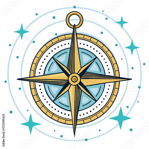 A stylized compass rose with stars and swirling lines.