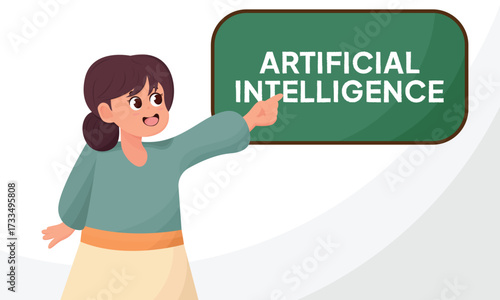 Background of female teacher character and blackboard, artificial intelligence. AI modern flat style color vector illustration.