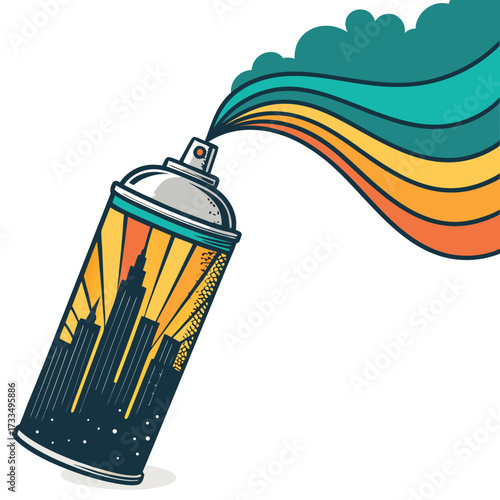 Spray paint can releasing a colorful abstract cloud of paint.