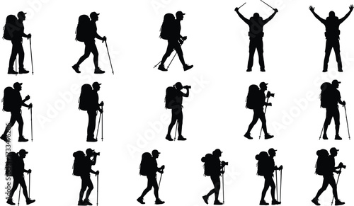 Hiking silhouette, trekking poses, outdoor adventure, backpacker actions, nature exploration, mountain walking, camping gear, wilderness journey, active lifestyle, scenic trail