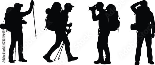 Hiking silhouettes, trekking poses, backpacker actions, outdoor adventure, nature exploration, camping gear, scenic trail, wilderness journey, travel icons, active lifestyle