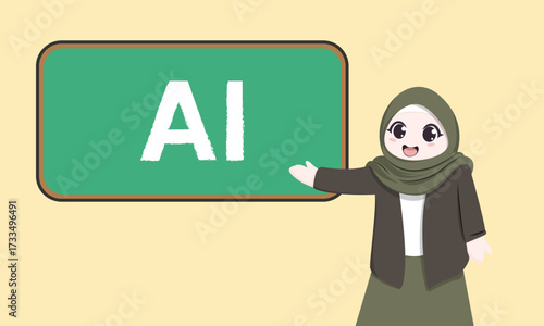 Background of female teacher character and blackboard, artificial intelligence. AI modern flat style color vector illustration.