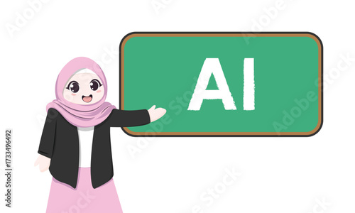 Background of female teacher character and blackboard, artificial intelligence. AI modern flat style color vector illustration.