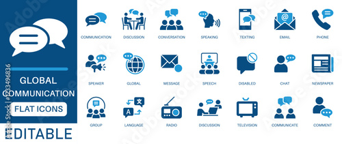 Communication icon set. featuring Conversation, message, contact, announcement, email, phone, comment, television, radio, speaker, and more. perfect for flat vector icon collection.