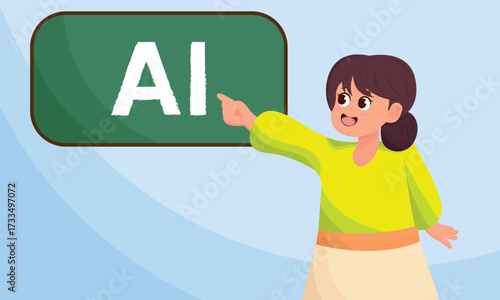 Background of female teacher character and blackboard, artificial intelligence. AI modern flat style color vector illustration.
