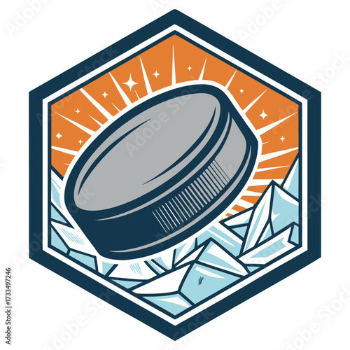 A graphic logo of a hockey puck on a background of ice and orange.