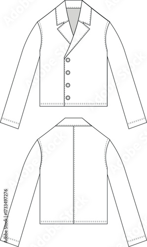 collared v neck long sleve buttoned short jacket coat overcot outerwear template technical drawing flat sketch cad mockup fashion woman design style model 
