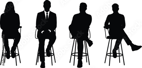 Seated silhouettes, stool poses, panel discussion, business attire, casual posture, body language, relaxed sitting, group interaction, fashion contrast, indoor scene