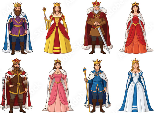 Royal character illustration, kings and queens set, colorful regal attire, crown and cape, storytelling visuals, fantasy design, vector template