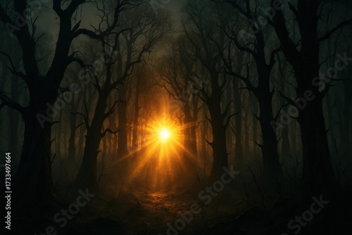 Enigmatic forest scene unveils a path towards a captivating light. Capture the essence of mystery.