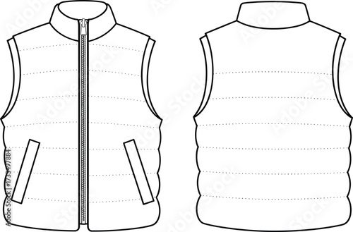 Sleeveless quilted vest sketch, front and back view, high collar design, welt pockets, zipper closure, technical fashion illustration, vector