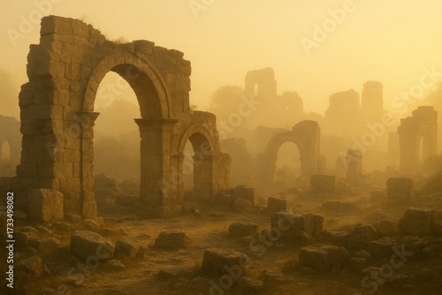 Ancient ruins in a hazy, sunlit landscape, revealing the grandeur and mystery of a forgotten civilization, creating a scene of historical wonder.