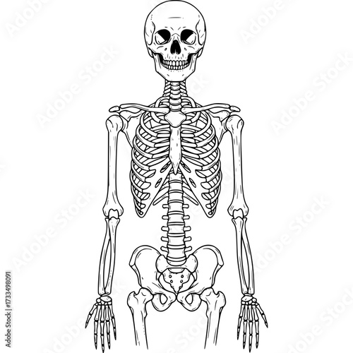 Anatomical Study: Detailed illustration of a human skeleton, meticulously rendered to showcase the intricacies of human anatomy and the skeletal system.
