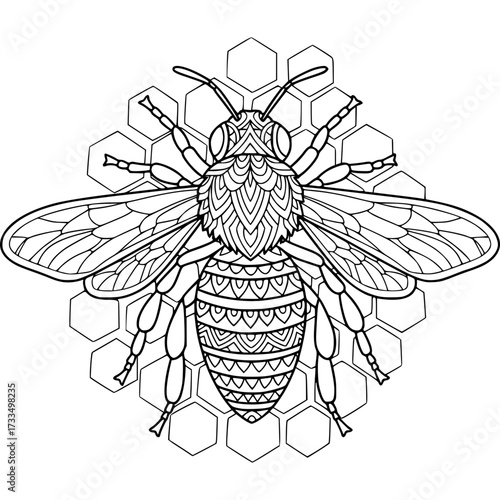 Bee Harmony: intricate black and white illustration of a bee gracefully positioned atop a honeycomb, inviting the viewer into a world of intricate patterns, representing harmony and industry. 